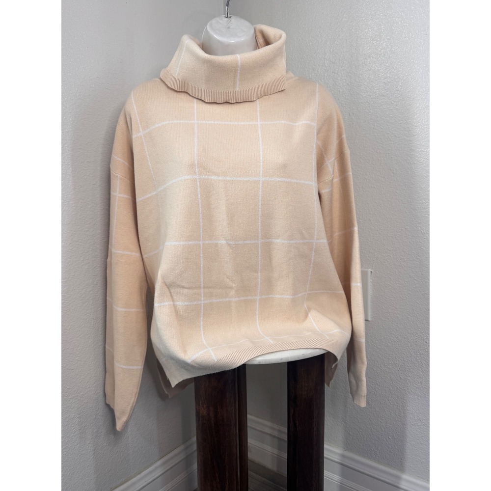 Peach Windowpane Grid Turtleneck Sweater Oversized Knit High Low Hem XL